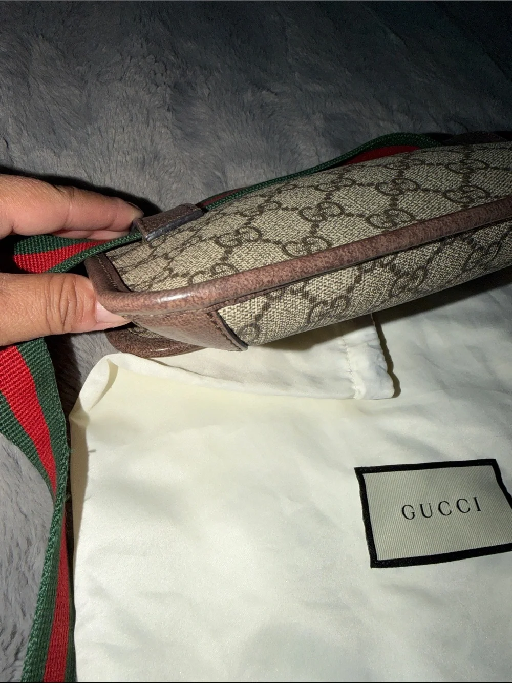 Preloved Gucci Brown GG Canvas Belt Bag with Green-Red Web Strap with Dust bag